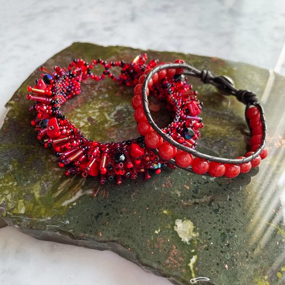 Two Red Beaded Bracelets, Each Very Different But Great Together! - Picture 2 of 11